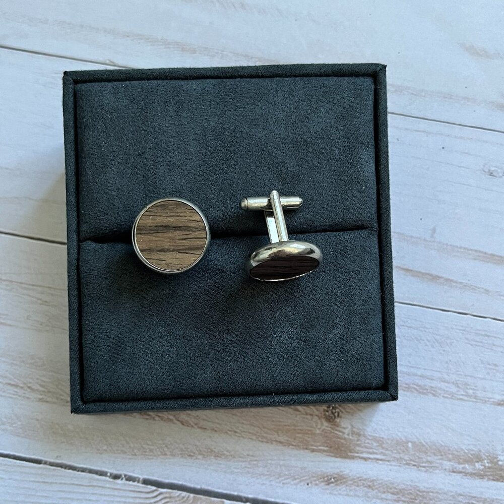 Men’s Round Wood Inlay Cufflinks Silver Tone Classic Formal - Picture 1 of 4